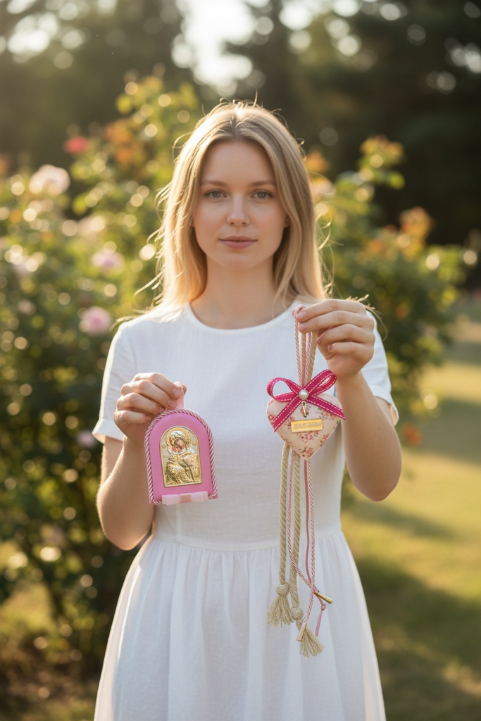 Σετ Δώρου για Νεογέννητο Κοριτσάκι με Καρδιά Γούρι & Εικόνα Παναγίας