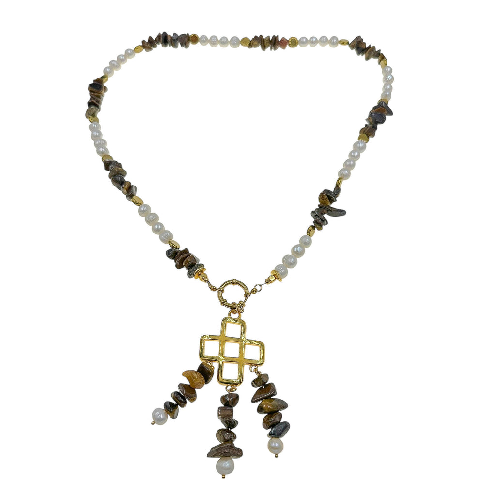 Κολιέ με Μαργαριτάρια Καλλιέργειας, Πέτρες Μάτι της Γάτας & Σταυρό – Χειροποίητο Κόσμημα