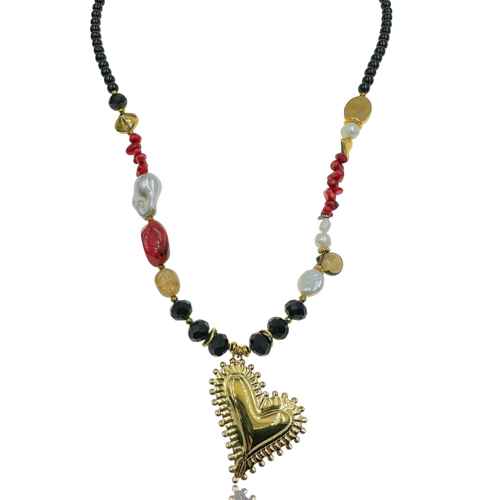 Μακρύ Κολιέ με Χρυσή Καρδιά, Κοράλλια, Μαργαριτάρια & Μαύρες Χάντρες