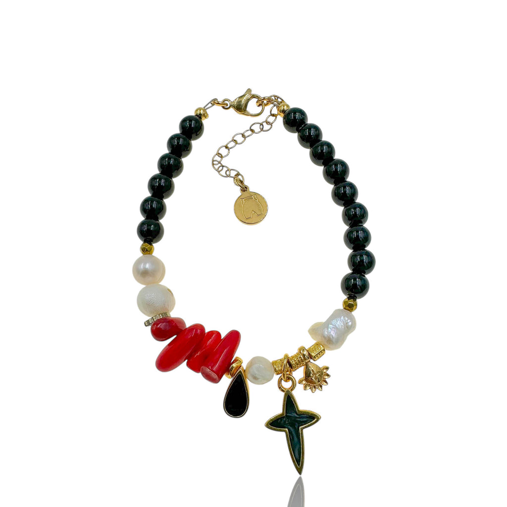 Boho Βραχιόλι με Κοράλλια, Μαργαριτάρια & Χρυσά Charms