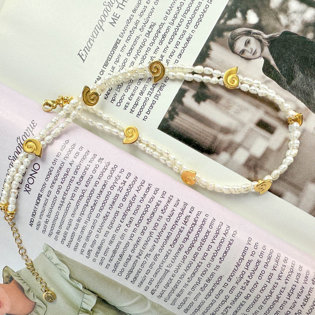 Διπλό Κολιέ Τσόκερ με Φυσικά Μαργαριτάρια και Χρυσά Κοχύλια