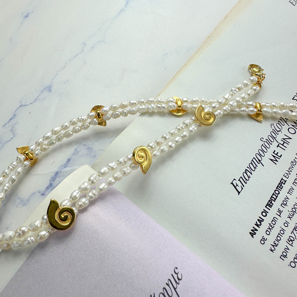 Διπλό Κολιέ Τσόκερ με Φυσικά Μαργαριτάρια και Χρυσά Κοχύλια