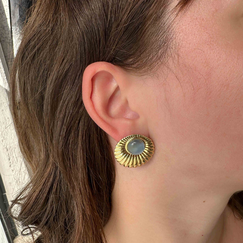 Ατσάλινα Σκουλαρίκια με Χρυσή Λεπτομέρεια & Πέτρα Cat's Eye