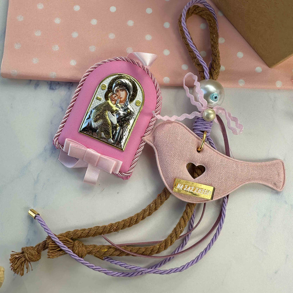 Σετ Δώρου για Νεογέννητο Κοριτσάκι με γούρι πουλάκι και εικόνα Παναγίας