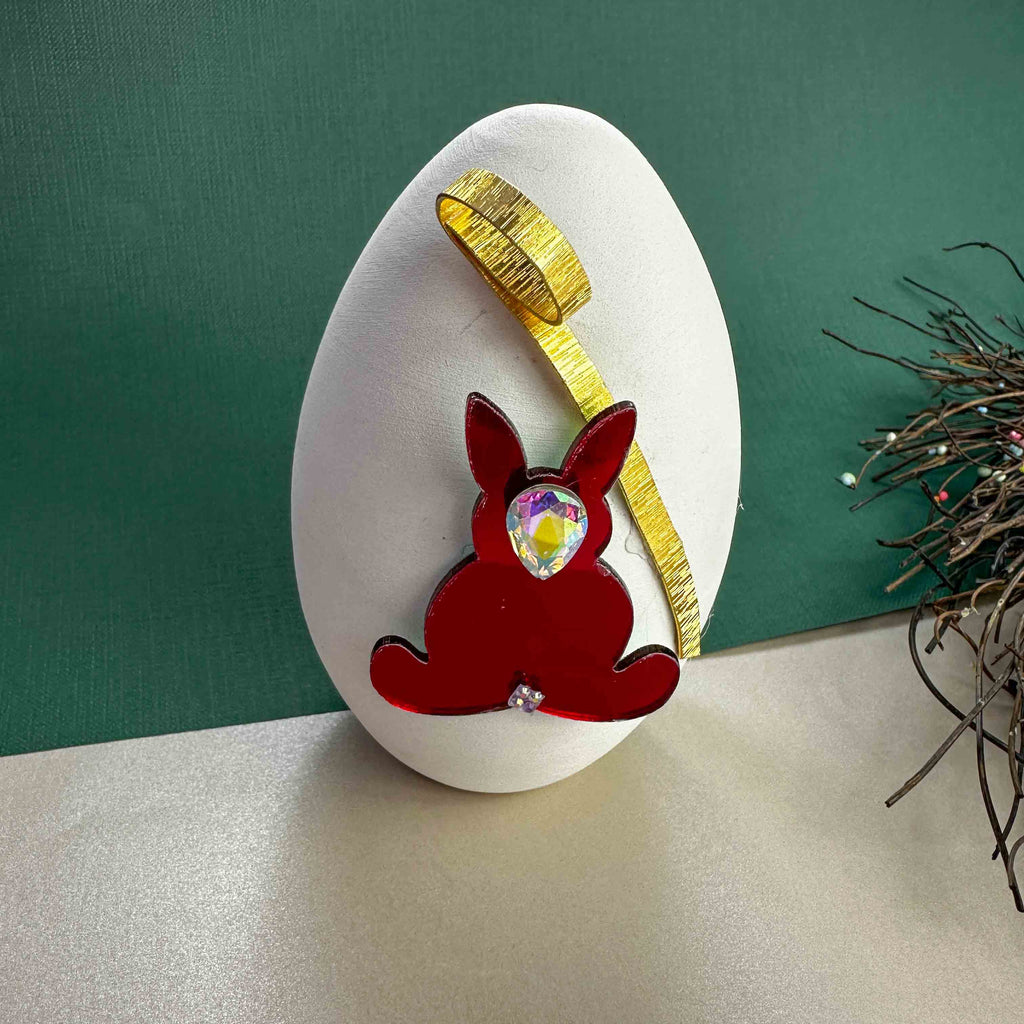 Χειροποίητο Κεραμικό Πασχαλινό Αυγό με Κόκκινο Λαγουδάκι & Πλακέ Σαγρέ Σύρμα