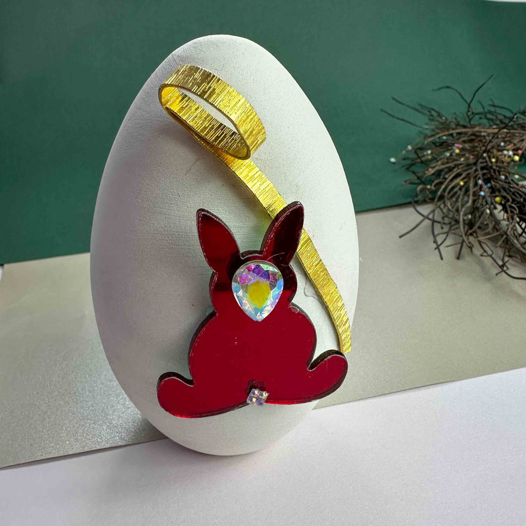 Χειροποίητο Κεραμικό Πασχαλινό Αυγό με Κόκκινο Λαγουδάκι & Πλακέ Σαγρέ Σύρμα