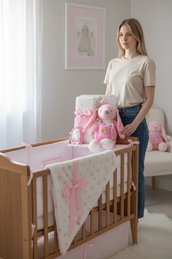 Σετ Δώρου Νεογέννητου Κοριτσιού - Κουβέρτα Φλις, Αρκουδάκι, Παραμάνα Φυλαχτό & Εικόνα Παναγίας