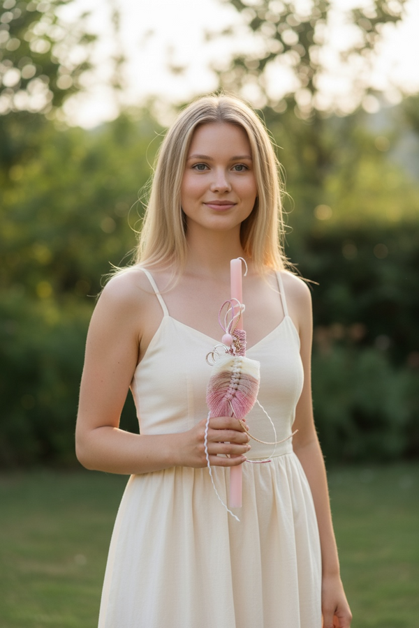 Πασχαλινή Λαμπάδα Μπρελόκ Ροζ Μακραμέ Φτερά & Ροζ Κερί