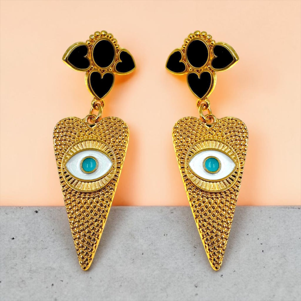 Κρεμαστά Σκουλαρίκια με Μαύρο Σμάλτο & Καρδιά σε Επιχρυσωμένο Ορείχαλκο