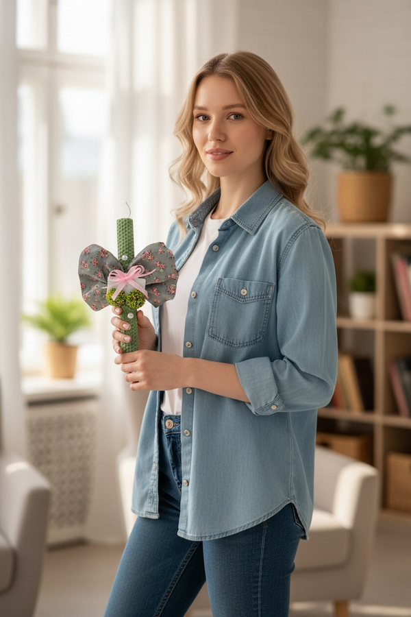 Λαμπάδα Πάσχα με Πράσινα Σκουλαρίκια – Κερί Κηρήθρας με Φιόγκο & Πέρλες