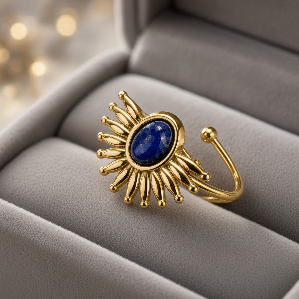 Ατσάλινο Δαχτυλίδι Ήλιος με Lapis Lazuli – Ρυθμιζόμενο Επίχρυσο Boho Κόσμημα
