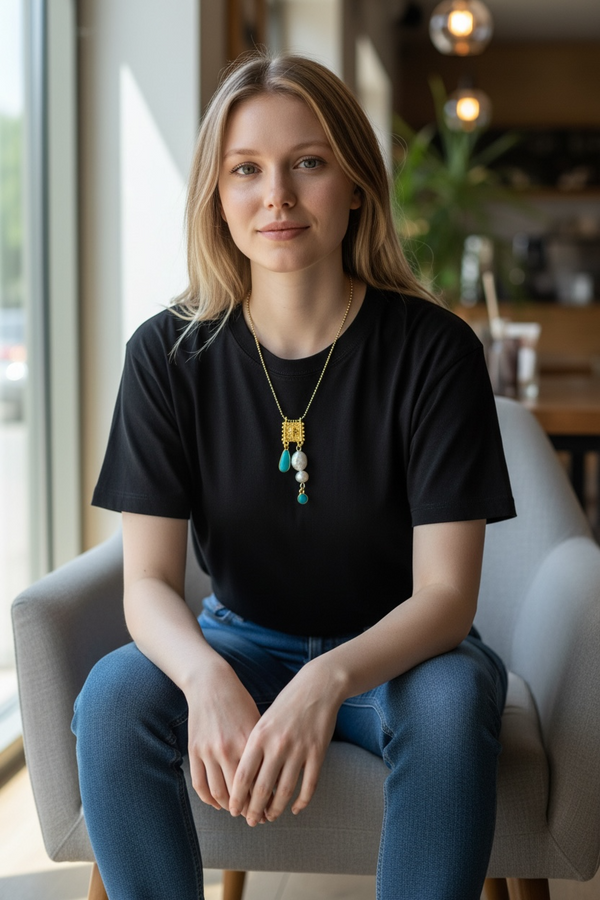 Κολιέ με Χρυσό Σταυρό, Μαργαριτάρια και Τυρκουάζ Λεπτομέρειες