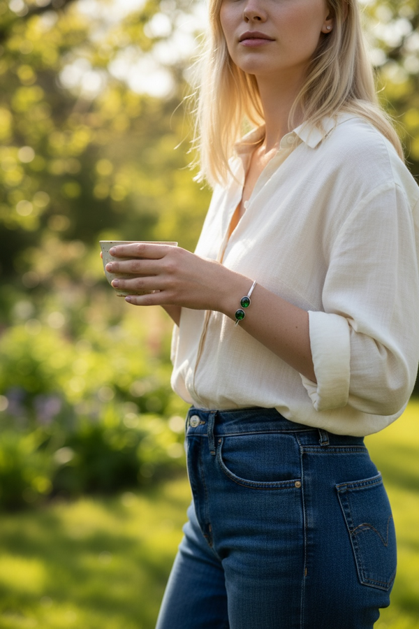 “Emerald Glow” – Ασημένιο Βραχιόλι Χειροπέδα με Πράσινα Κρύσταλλα