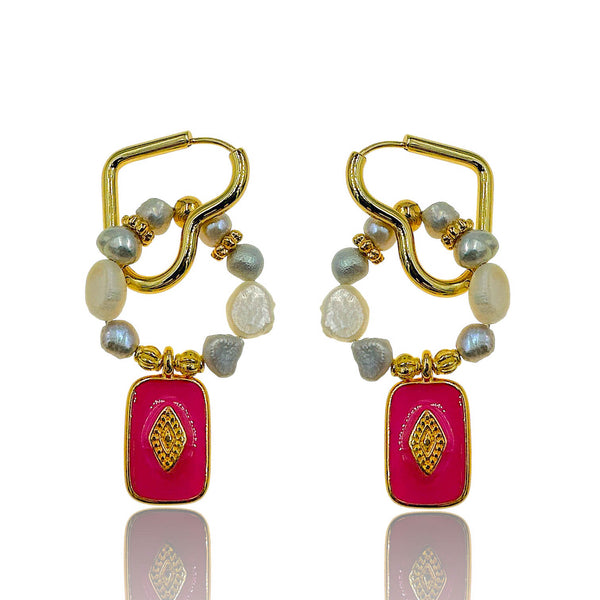 Pink Amour – Κρίκοι Καρδιά με Μαργαριτάρια & Ροζ Σμάλτο