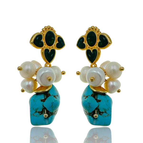 Turquoise Muse – Σκουλαρίκια με Μαργαριτάρια, Χαολίτη & Μαύρο Σμάλτο
