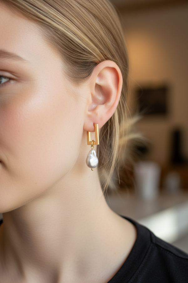 Γεωμετρικός Κρίκος Σκουλαρίκια με Φυσικό Baroque Μαργαριτάρι