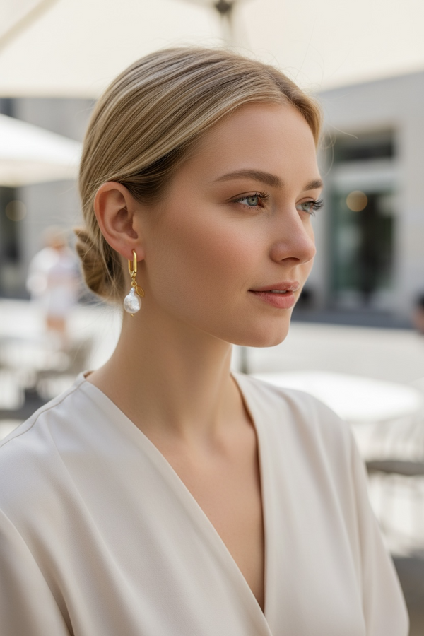 Baroque Glow – Σκουλαρίκια με Μαργαριτάρι Baroque & Ροζ Glitter Λεπτομέρεια