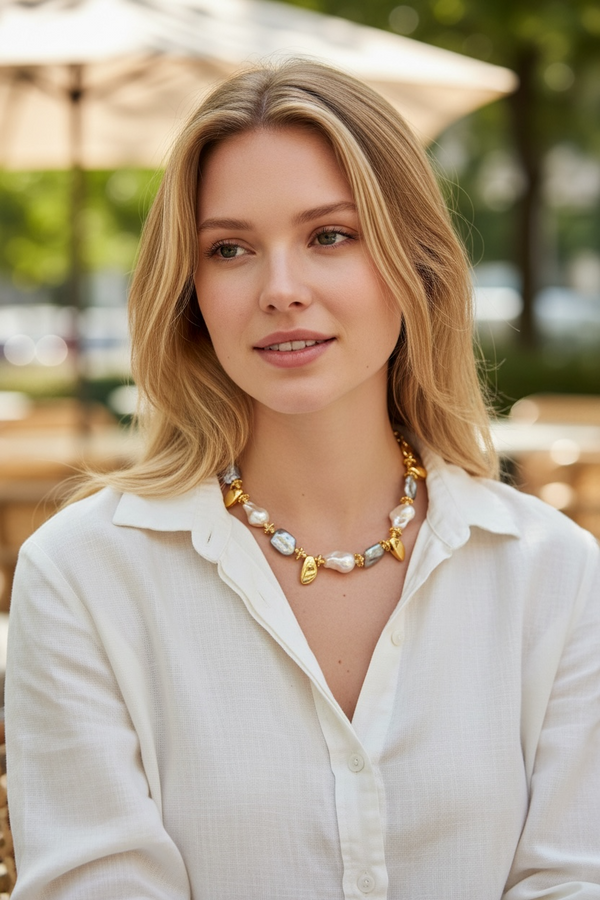 “Golden Pearl Glow” – Κολιέ με Faux Πέρλες & Επίχρυσα Στοιχεία