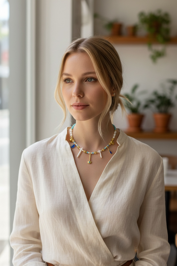 “Aegean Biwa” – Κολιέ με Biwa μαργαριτάρι, κρύσταλλα & επίχρυσα στοιχεία