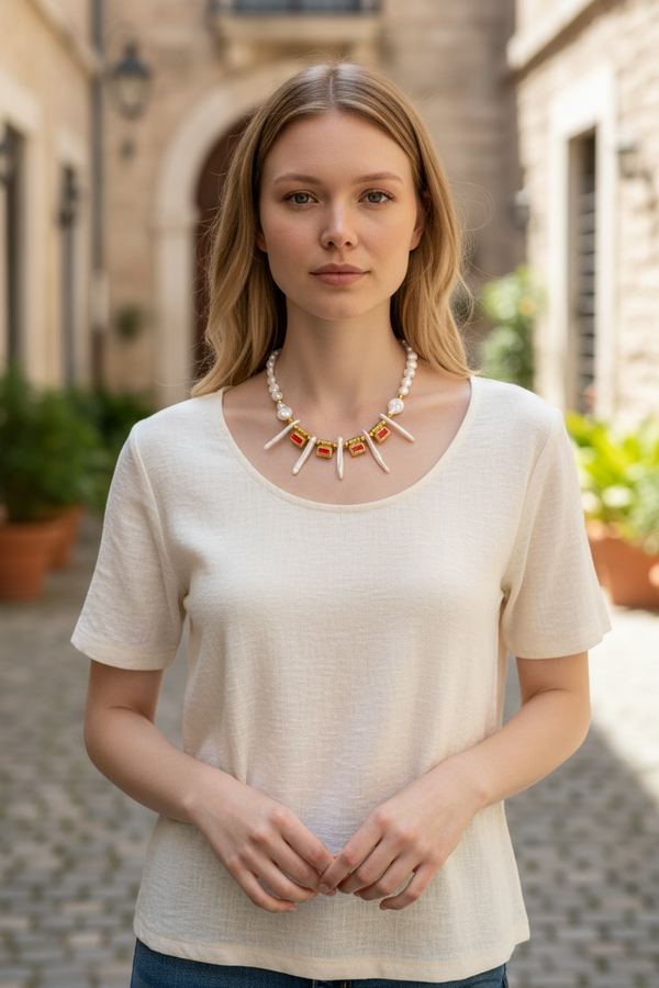 “Flamma” – Κολιέ με Biwa Μαργαριτάρια & Πορτοκαλί Σμάλτο