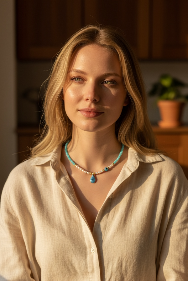 “Blue Drop Aura” – Κολιέ με Κρύσταλλο Σταγόνα, Σμάλτο & Μαργαριτάρια Ρυζάκι