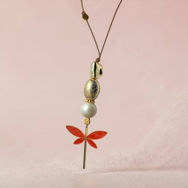 Μακρύ Κολιέ με Μαύρο Κορδόνι, Πέρλα & Κοραλλί Λιβελούλα