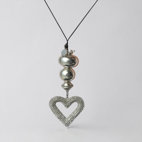 Μακρύ Κολιέ με Μαύρο Δερμάτινο Κορδόνι, Ασημί Χάντρες & Καρδιά με Λευκά Ζιργκόν