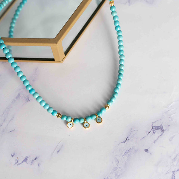 Κολιέ από επίχρυσα ματάκια με σμάλτο & ημιπολύτιμες πέτρες