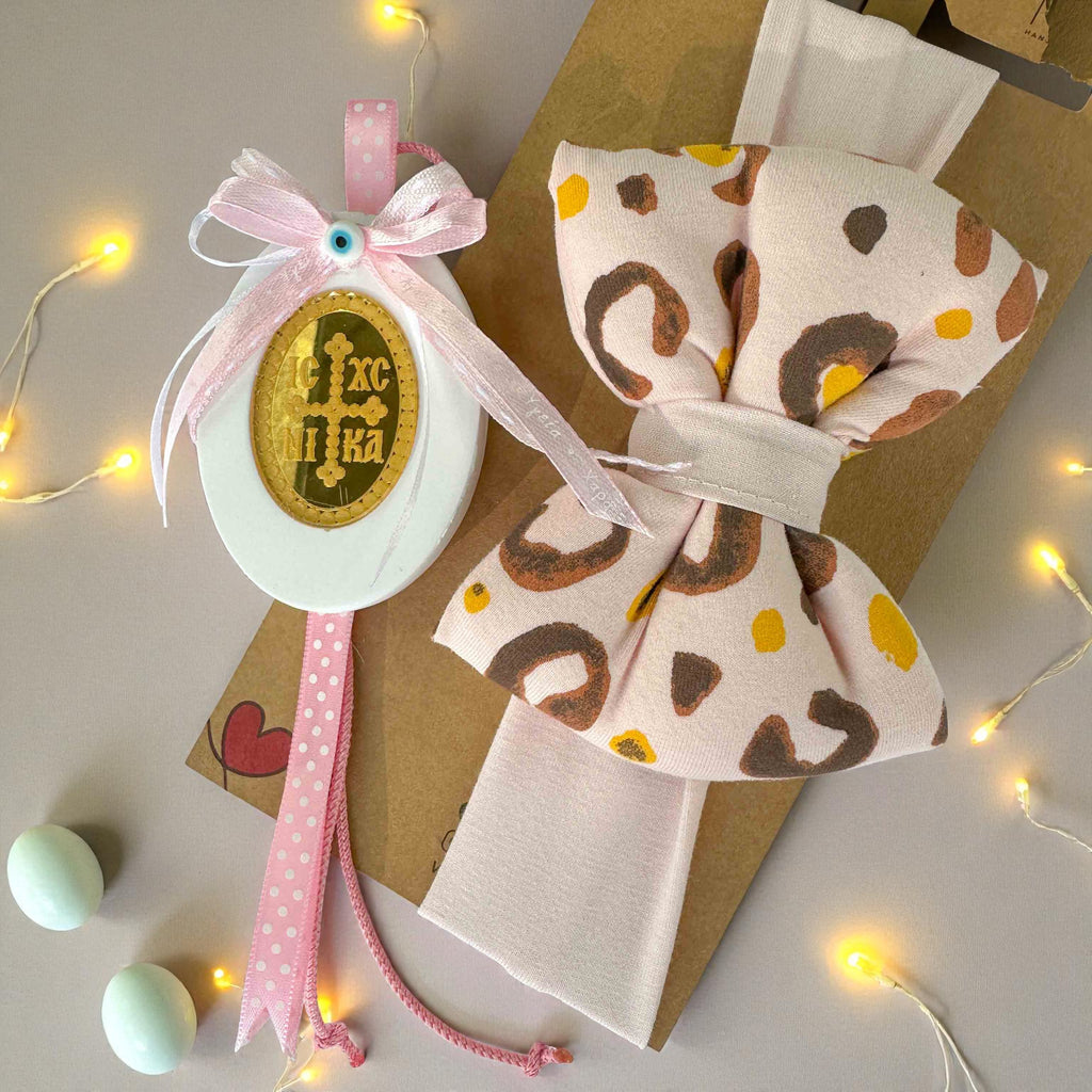 Σετ μωρού: Βαμβακερή Κορδέλα Μαλλιών giraffe με Puffy Φιόγκο & Κρεμαστό ICXC NIKA