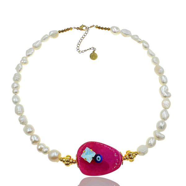 Κολιέ με Μαργαριτάρια και Ροζ Πέτρα Ματάκι