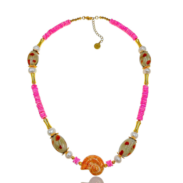 Κολιέ με Φούξια Ροδέλες Κοχύλι & Κεραμικό Πορτοκαλί Κοχύλι