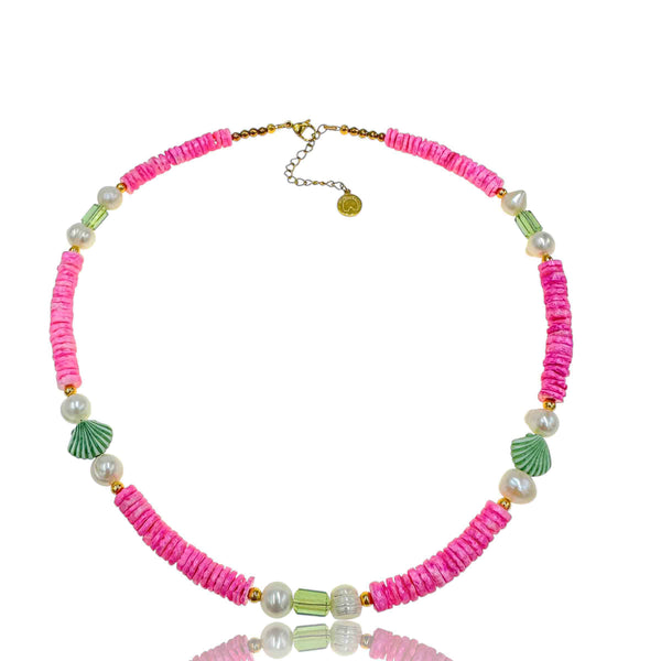 Κολιέ με Φούξια Ροδέλες Κοχυλιών & Πράσινο Κρύσταλλο