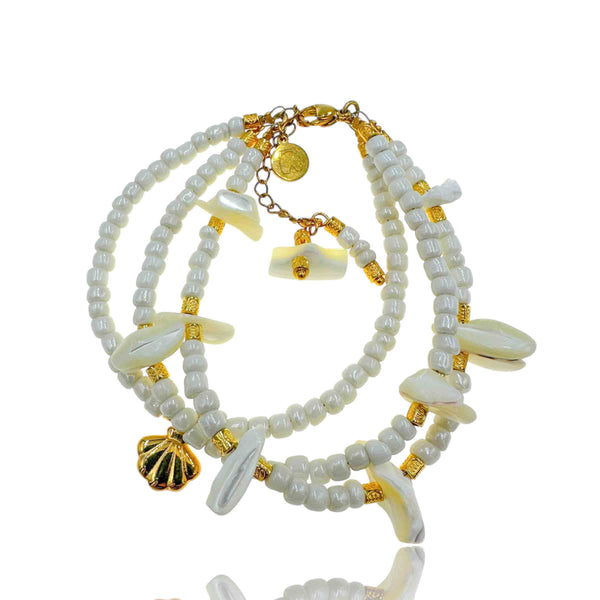 Βραχιόλι Τριπλό με Λευκά Κοχύλια και Φίλντισι