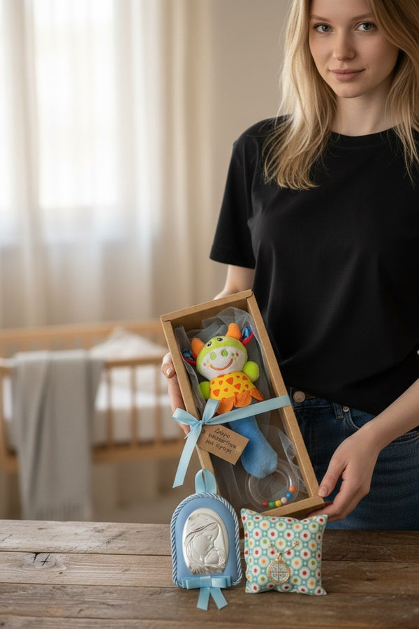 Baby Kit Νεογέννητου Αγοριού – Κουδουνίστρα Αγελαδίτσα, Εικόνα Παναγίας & Παραμάνα IC XC NIKA