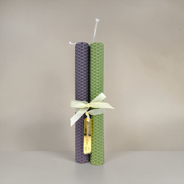 Σετ Πασχαλινές Λαμπάδες από Φυσική Κηρήθρα Μέλισσας σε Μωβ Λεβάντα & Πράσινο Παστέλ Απόχρωση για Ζευγάρι με ευχή «Αγάπη & Φως»