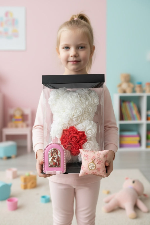 Baby Gift Set για Νεογέννητο Κοριτσιού – Λευκό Αρκουδάκι από Τριαντάφυλλα με Παραμάνα IC XC NIKA & Εικόνα Παναγίας