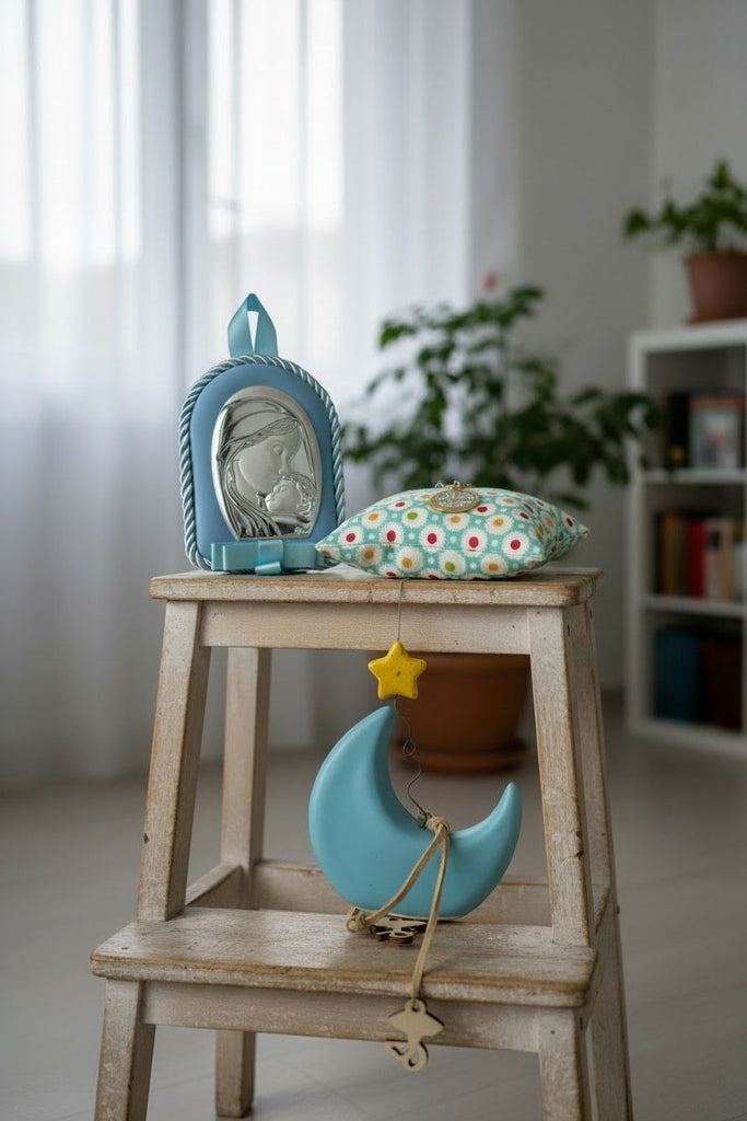 Baby Kit Νεογέννητου Αγοριού – Κεραμικό Φεγγάρι Διακοσμητικό Δωματίου, Εικόνα Παναγίας & Παραμάνα IC XC NIKA