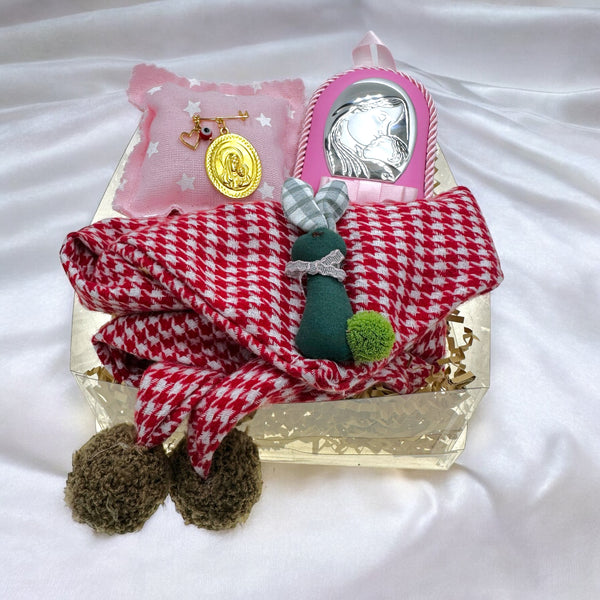 Kit Baby Νεογέννητου Κοριτσιού Πακέτο καρό κόκκινο πανί αγκαλιάς, Παραμάνα Φυλαχτό & Εικόνα Παναγίας