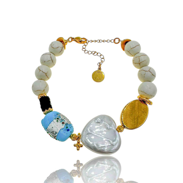 Βραχιόλι με Λευκό Χαολίτη, Καρδιά και Γυαλί Μουράνο