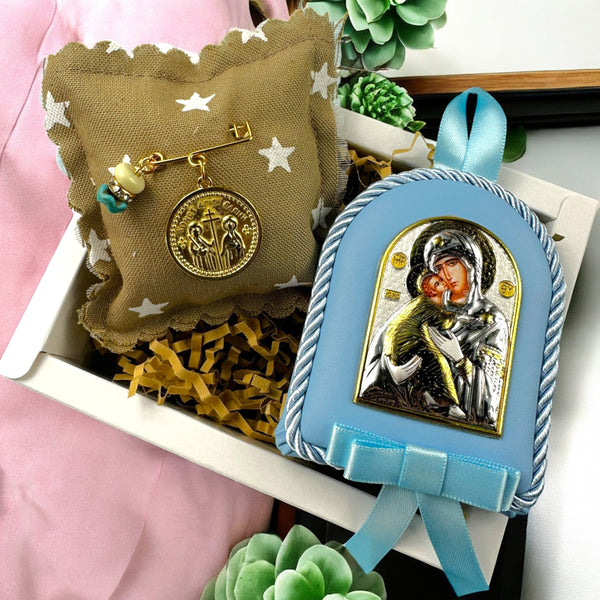 Baby Kit Νεογέννητου Αγοριού - Παραμάνα/Φυλαχτό κωνσταντινάτο με χάντρα μπλε & Εικόνα Παναγίας-Χριστού