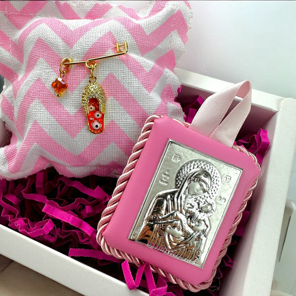 Baby Kit Νεογέννητου Κοριτσιού - Παραμάνα Μάτι Πορτοκαλί & Εικόνα Παναγίας-Χριστού