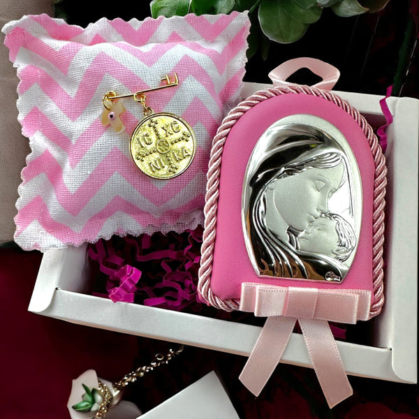 Baby Kit Νεογέννητου Κοριτσιού - Παραμάνα IC.XC NIKA με Σταυρό Φίλντισι  & Εικόνα Παναγίας-Χριστού