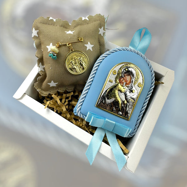 Baby Kit Νεογέννητου Αγοριού - Παραμάνα IC.XC NIKA με μπλε χάντρα & Εικόνα Παναγίας-Χριστού