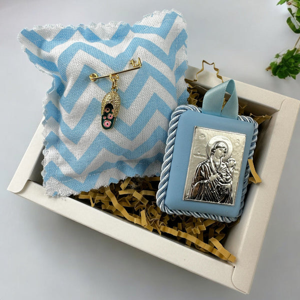 Baby Kit Νεογέννητου Αγοριού - Παραμάνα Μάτια παπούτσι & Εικόνα Παναγίας-Χριστού