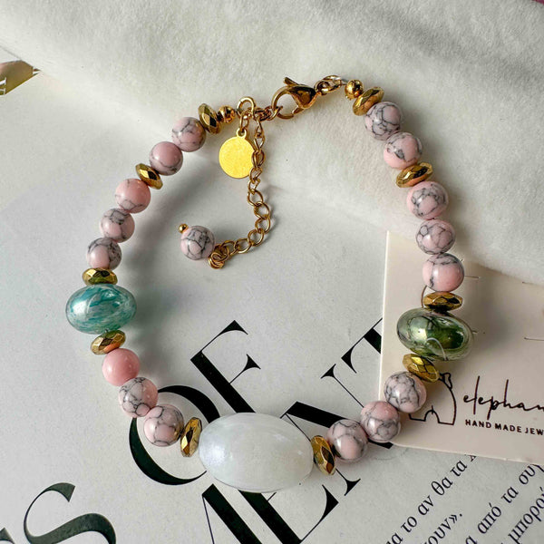 Βραχιόλι Ροζ Πέτρες & Πράσινες Οβαλ Χάντρες