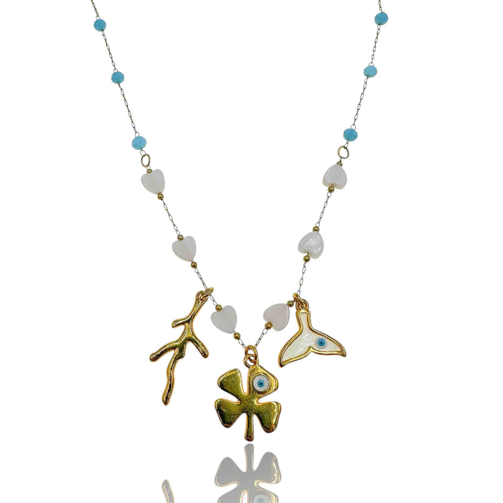 Κολιέ Ροζάριο με Καρδιές & Μπλε Πέτρες από Ατσάλι