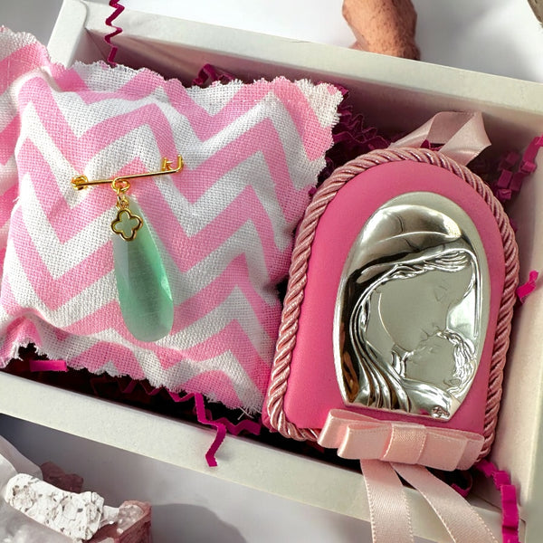 Σετ Δώρου Νεογέννητου Κοριτσιού - Παραμάνα Πέτρα με Σταυρό & Εικόνα Παναγίας-Χριστού