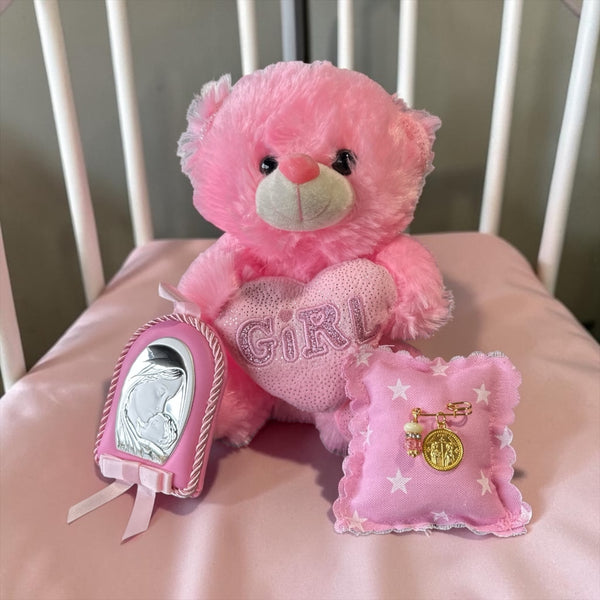 Baby Gift Set για Νεογέννητο Κοριτσιού Ροζ Αρκουδάκι "Girl" με Παραμάνα IC XC NIKA & Εικόνα Παναγίας (9x7x1 εκ)