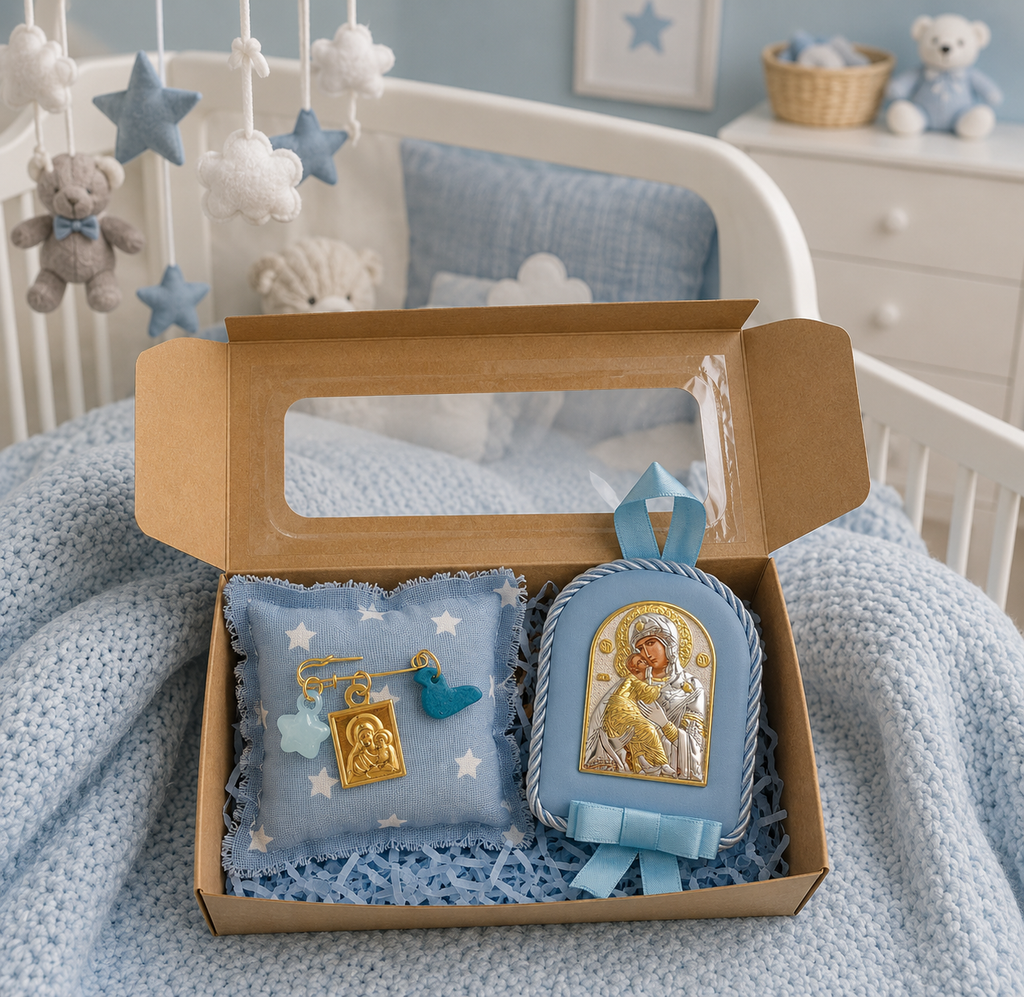 Baby kit Νεογέννητου Αγοριού - Παραμάνα Bird & Εικόνα Παναγίας-Χριστού