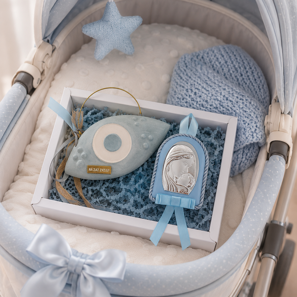Baby Kit Αγοριού με Κεραμικό Σχιστό Μάτι Γαλάζιο & Εικόνα Παναγία-Χριστός Από Ασήμι 925